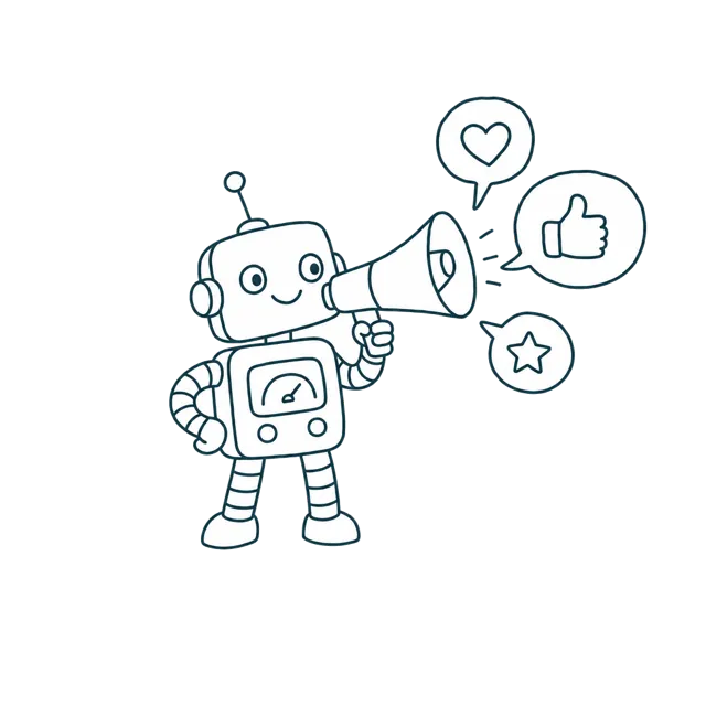 Line-Art: Roboter mit Megafon, aus dem Sprechblasen mit Herz und Daumen kommen