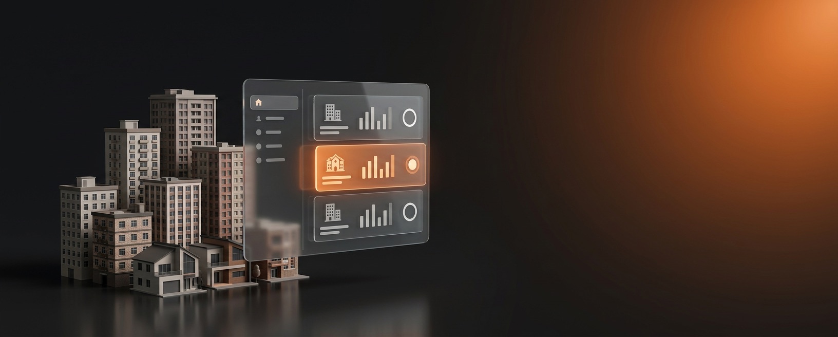 Vermieter-Plattform für Immofanten: ein Immobilien-Portfolio wird zentral verwaltet, jedes Objekt mit KPIs und Miet-/Zahlungsstatus, ein offener Posten ist orange hervorgehoben.